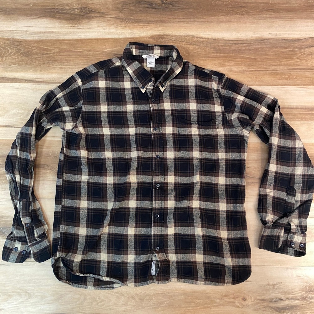 Field & Stream Mens XL Brown Black Plaid Flannel Button Down Cotton Shirt